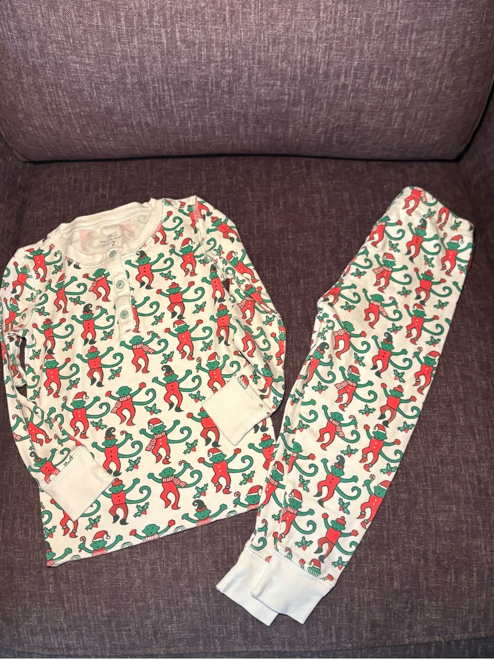 Roller Rabbit Kids Monkey Mas Pajamas Set Christmas Holiday Size 2T EUC